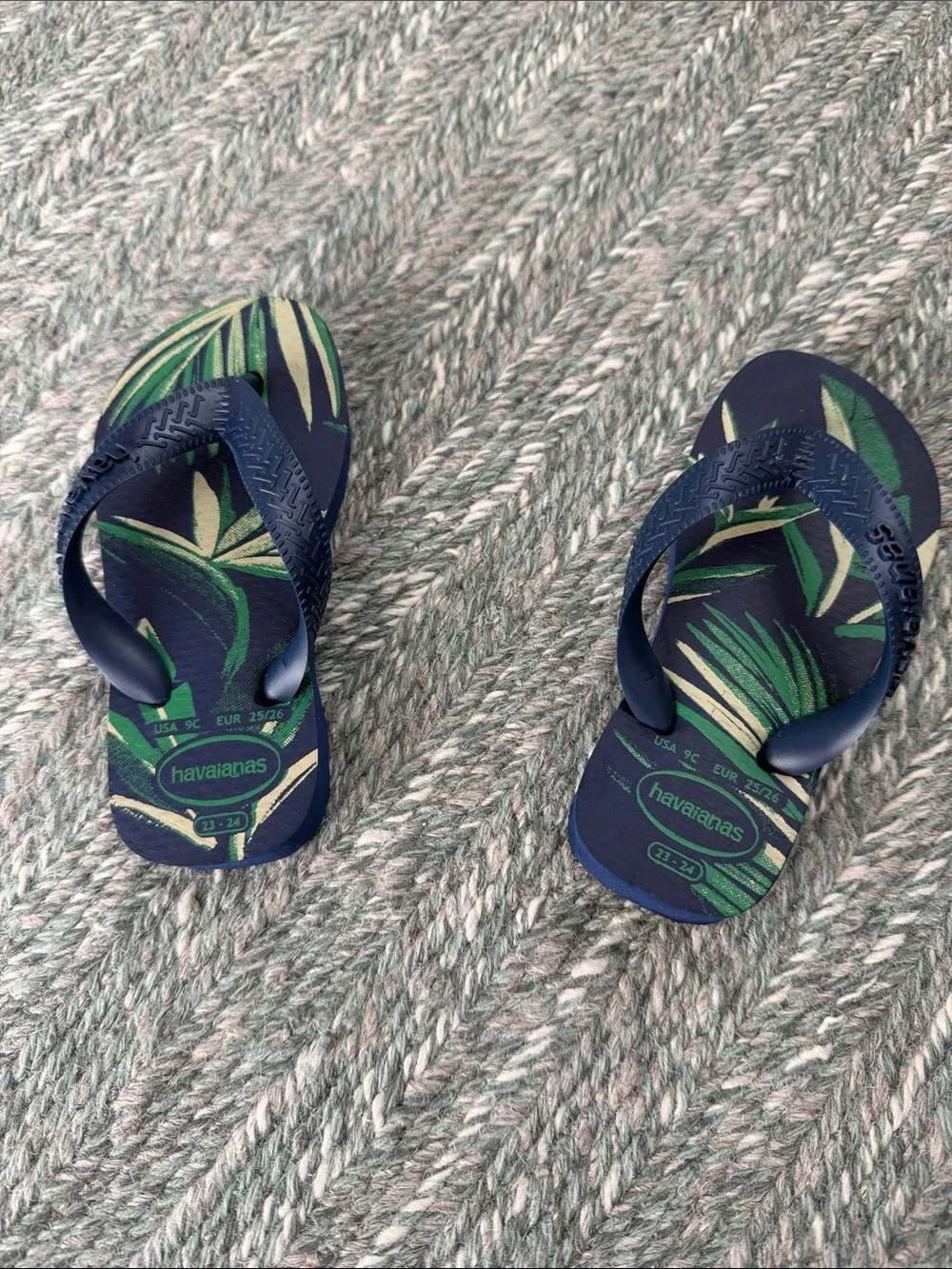 Havaianas Kids Navy Flip Flops with Green Palm Print